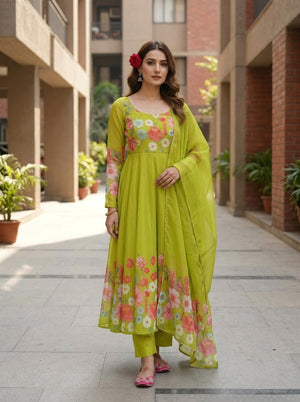 Floral Organza Silk Kurta Set | Elegant 3 Piece Ethnic Wear for Women with Dupatta