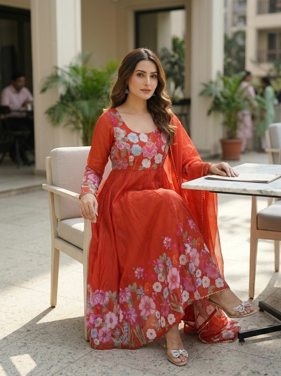 Floral Organza Silk Kurta Set for Women | Festive Wear 3 Piece Suit with Dupatta & Pant