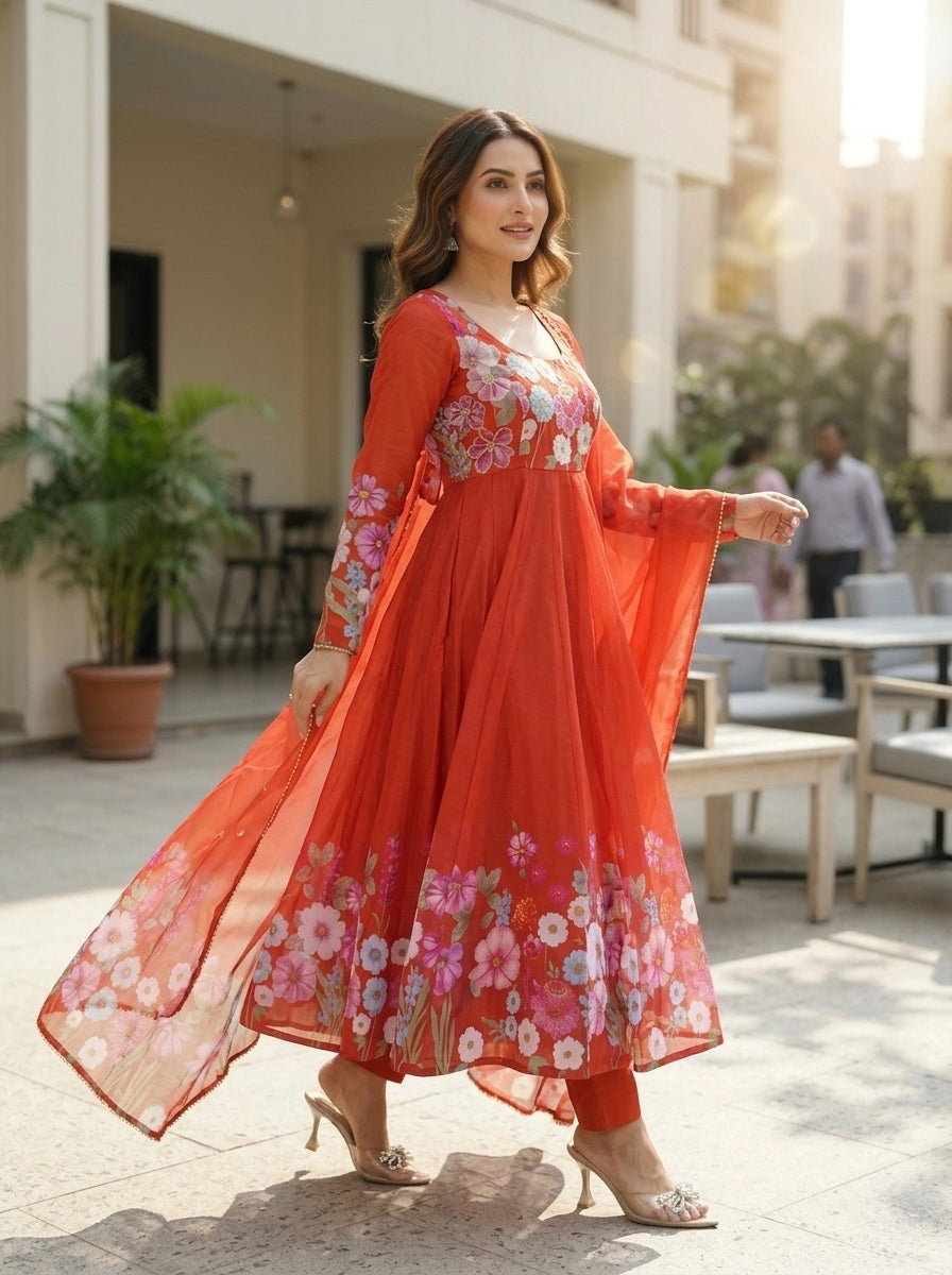 Floral Organza Silk Kurta Set for Women | Elegant Designer 3 Piece Ethnic Wear