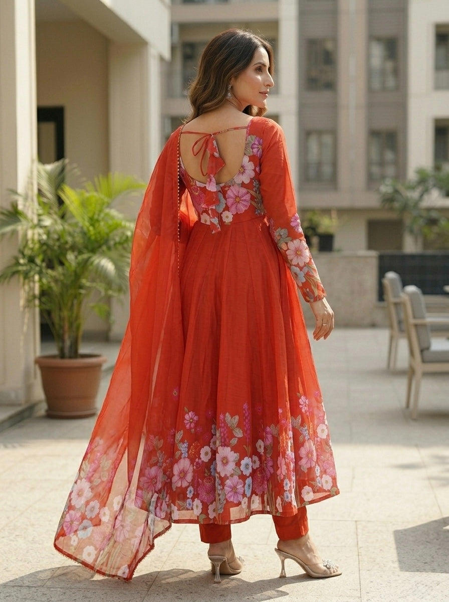 Floral Organza Silk Kurta Set for Women | Elegant Designer 3 Piece Ethnic Wear