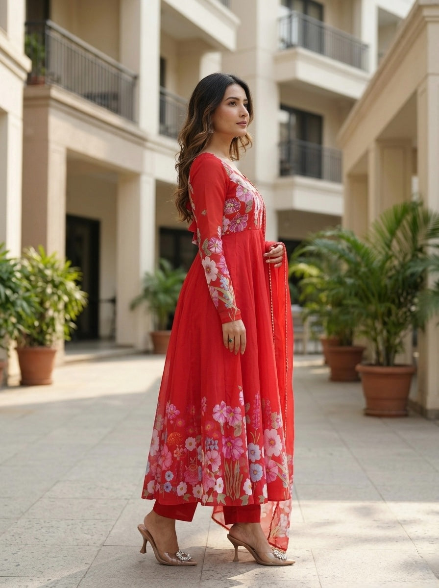 Floral Organza Silk Kurta Set | Elegant 3 Piece Ethnic Wear for Women with Dupatta