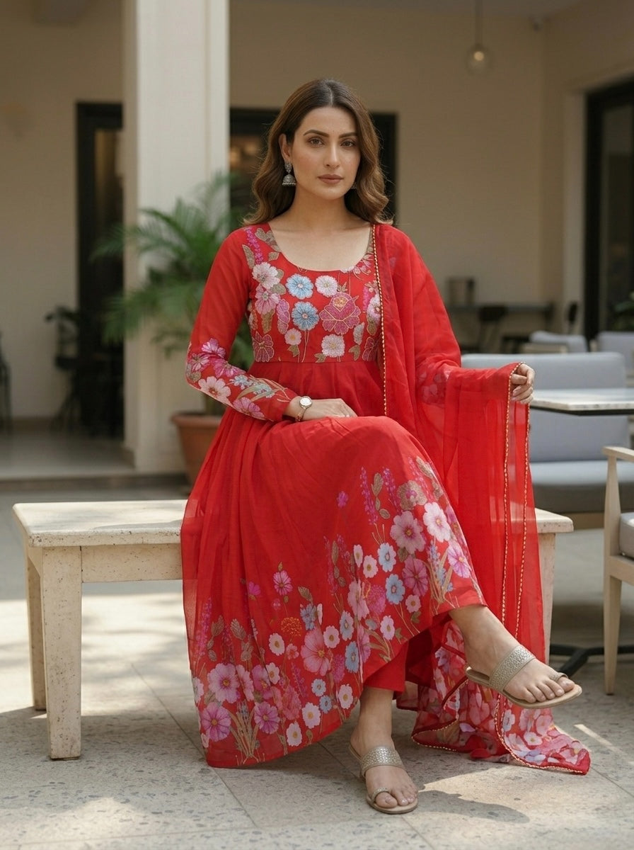 Floral Organza Silk Kurta Set | Elegant 3 Piece Ethnic Wear for Women with Dupatta