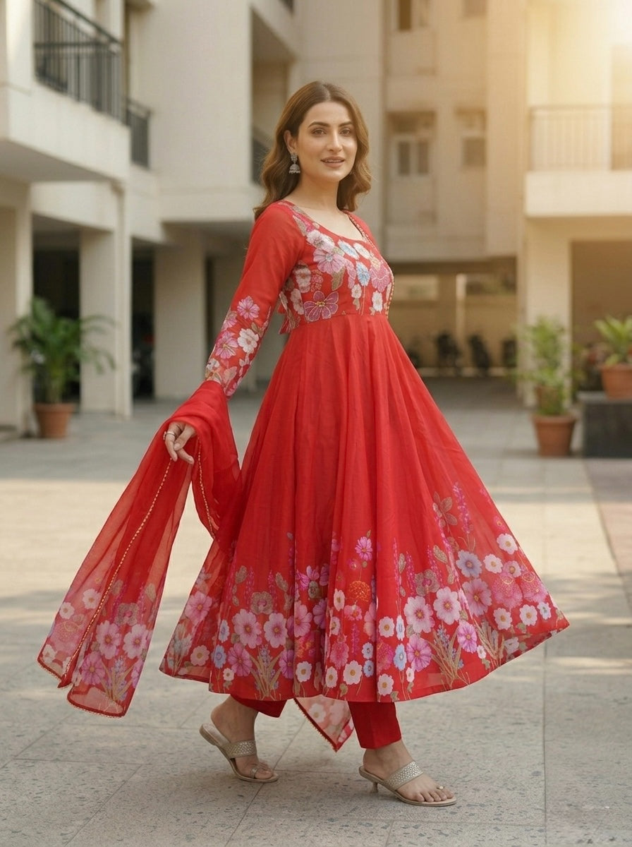 Floral Organza Silk Kurta Set | Elegant 3 Piece Ethnic Wear for Women with Dupatta