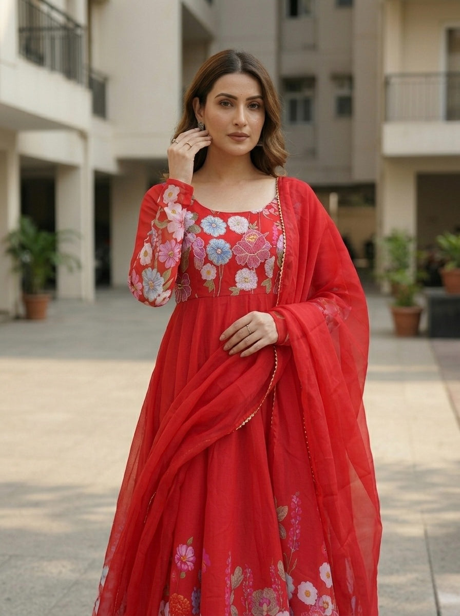 Floral Organza Silk Kurta Set | Elegant 3 Piece Ethnic Wear for Women with Dupatta