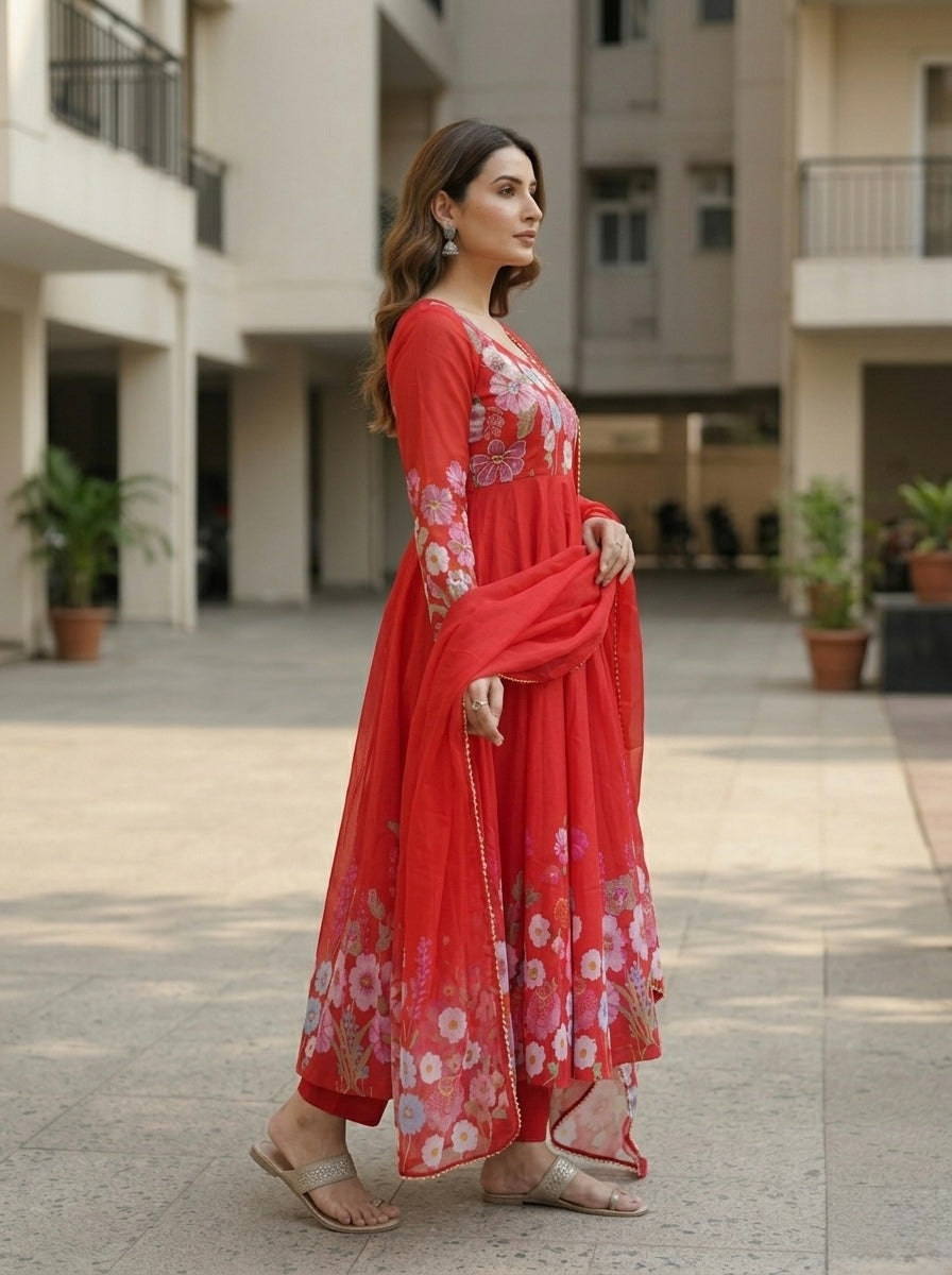 Floral Organza Silk Kurta Set for Women | Festive Wear 3 Piece Suit with Dupatta & Pant