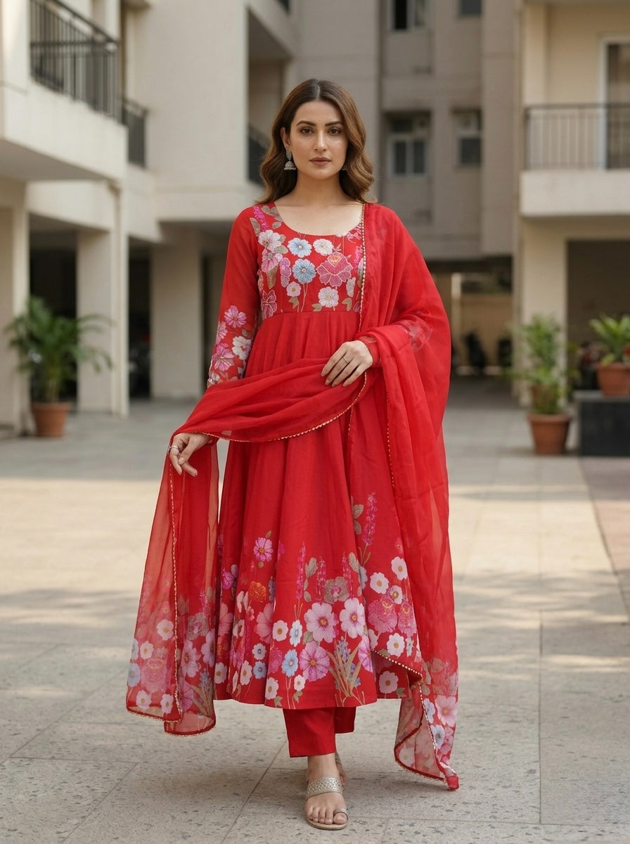 Floral Organza Silk Kurta Set | Elegant 3 Piece Ethnic Wear for Women with Dupatta