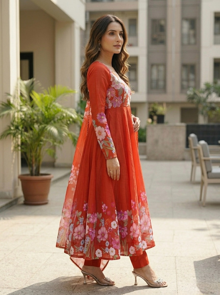 Floral Organza Silk Kurta Set for Women | Elegant Designer 3 Piece Ethnic Wear