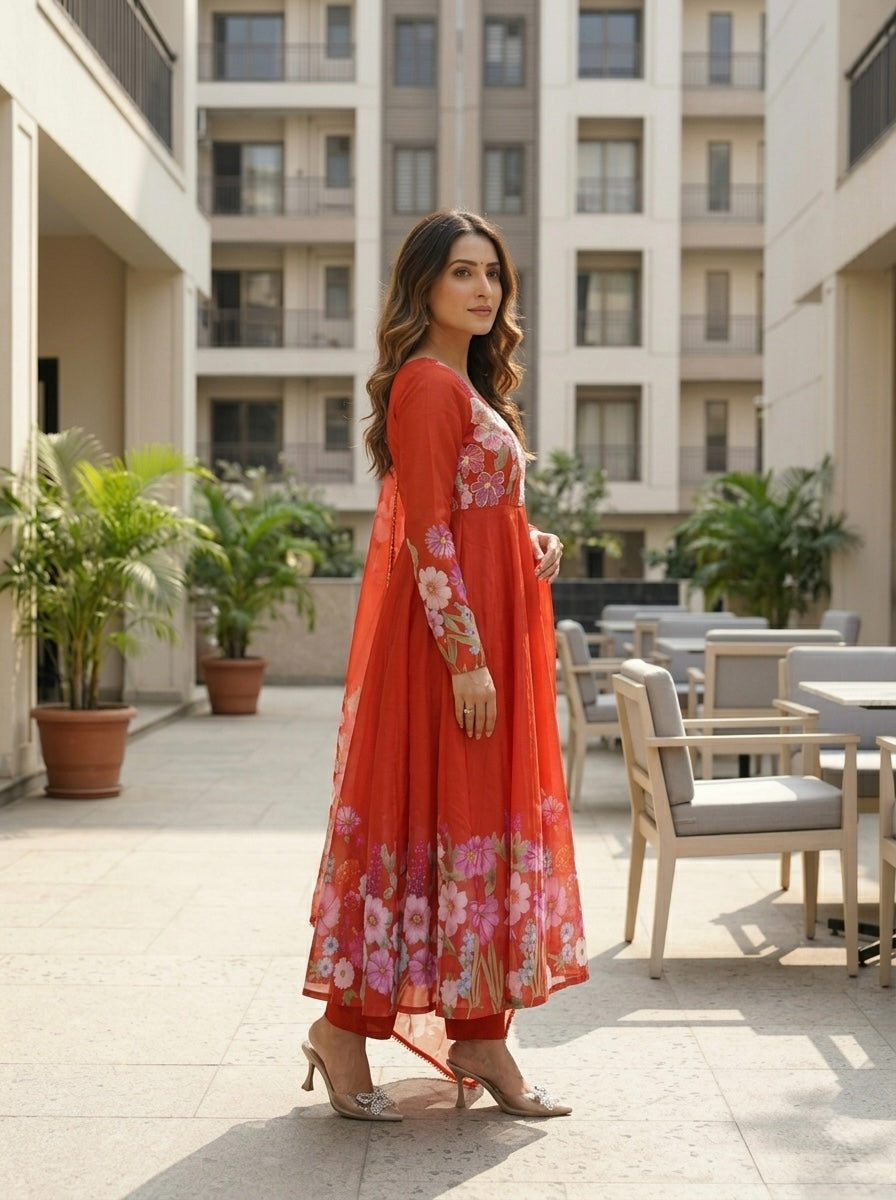 Floral Organza Silk Kurta Set for Women | Elegant Designer 3 Piece Ethnic Wear