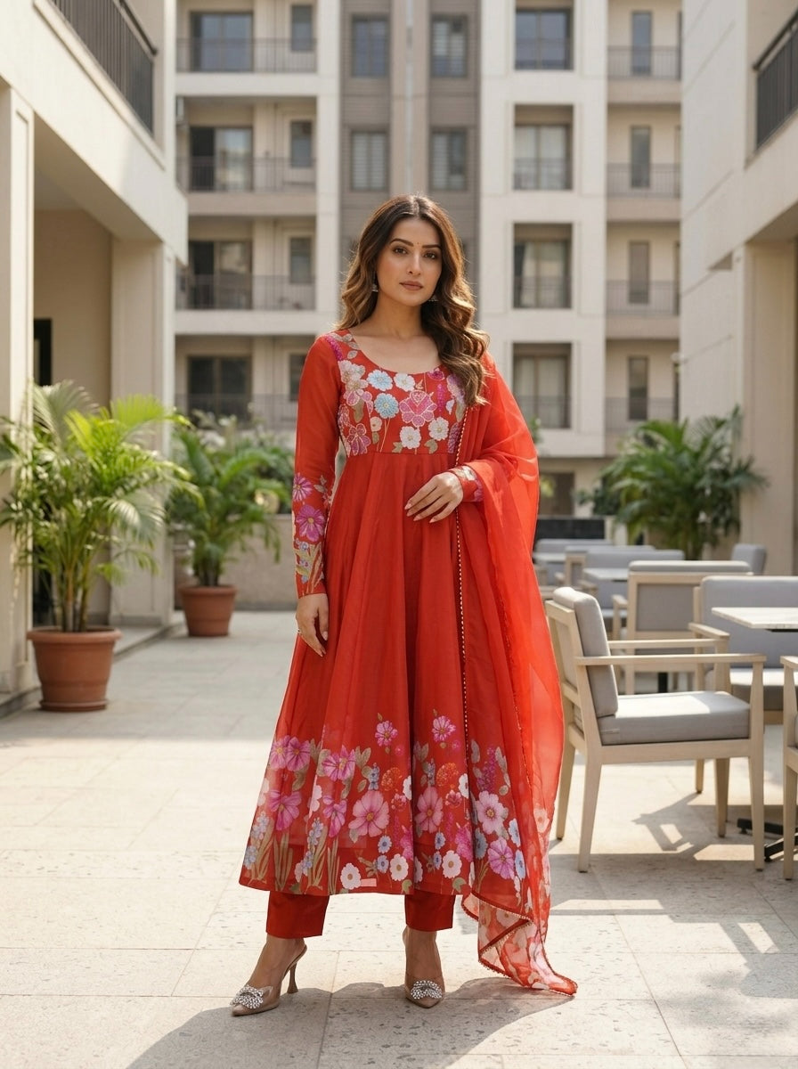 Floral Organza Silk Kurta Set for Women | Festive Wear 3 Piece Suit with Dupatta & Pant