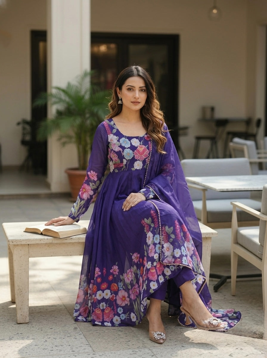 Floral Organza Silk Kurta Set | Party Wear Designer 3 Piece Suit with Dupatta for Women