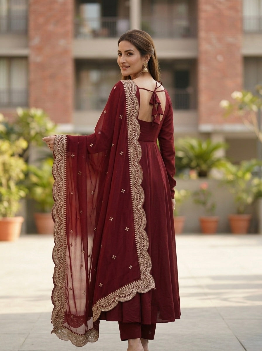 Classic Maroon Chanderi Silk Kurta Set with Embroidered Dupatta | Wedding & Festive Wear for Women