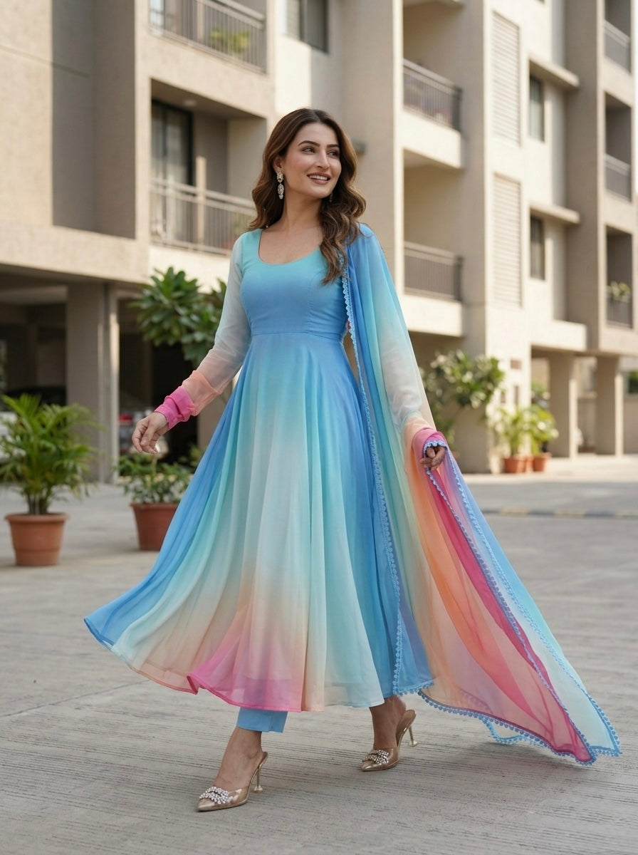 Off White Ombre Anarkali Kurta Set with Multicolor Dupatta | Party Wear 3 Piece Set for Women