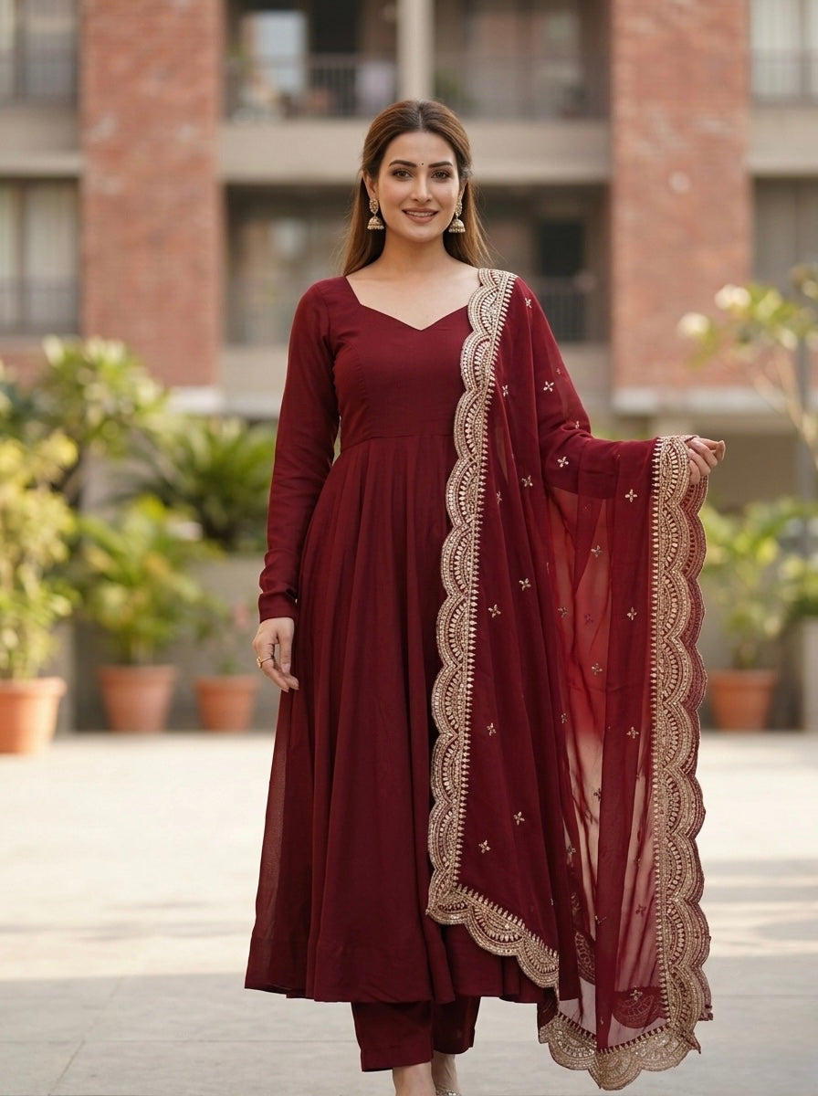 Classic Maroon Chanderi Silk Kurta Set with Embroidered Dupatta | Wedding & Festive Wear for Women