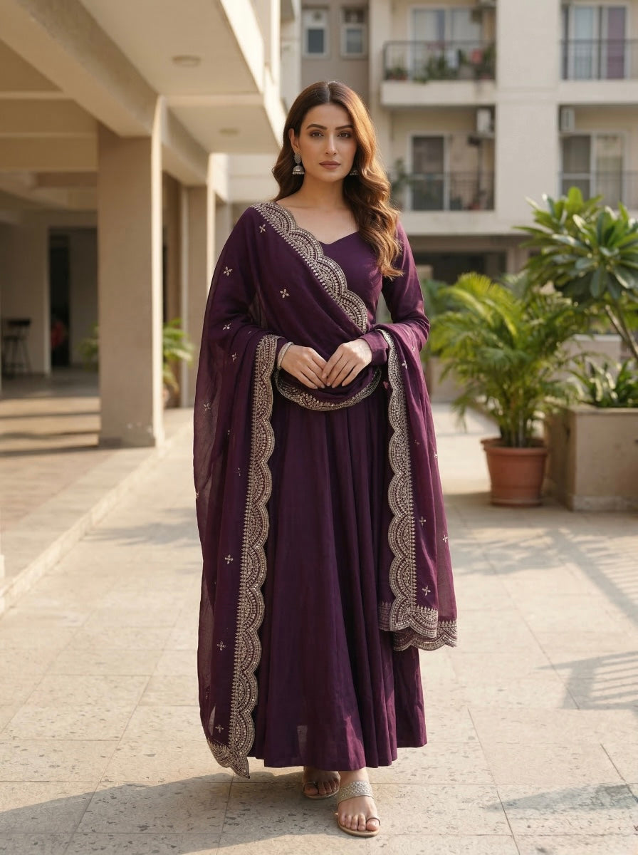 Classic Maroon Chanderi Silk Kurta Set with Embroidered Dupatta | Wedding & Festive Wear for Women
