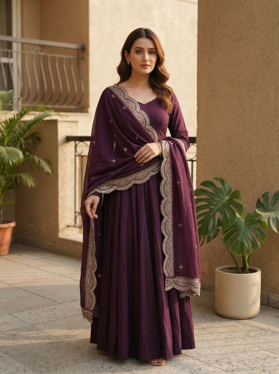 Classic Maroon Chanderi Silk Kurta Set with Embroidered Dupatta | Wedding & Festive Wear for Women