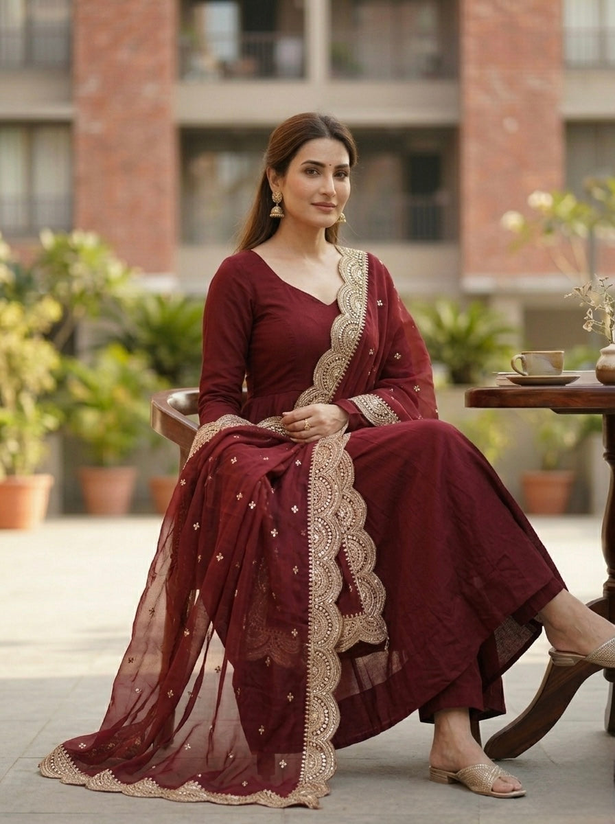 Classic Maroon Chanderi Silk Kurta Set with Embroidered Dupatta | Wedding & Festive Wear for Women