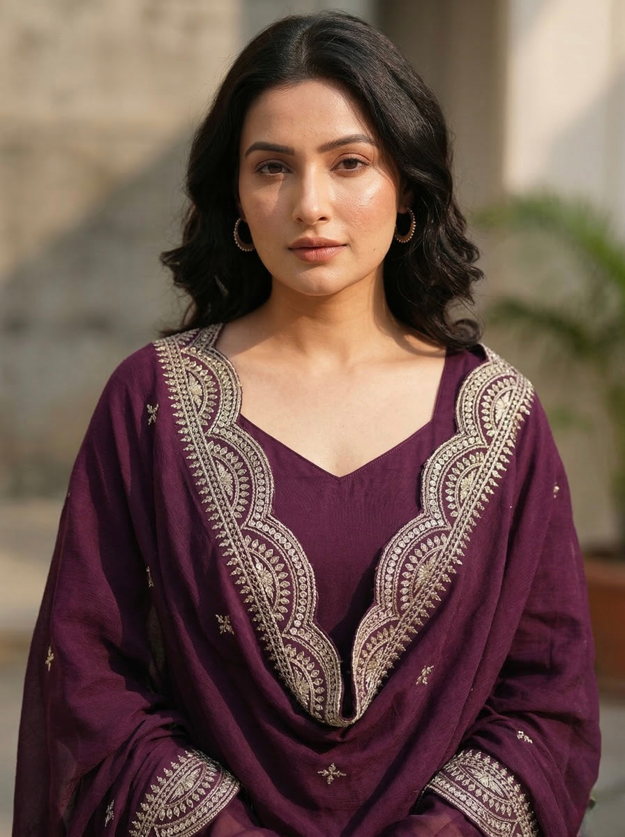 Classic Maroon Chanderi Silk Kurta Set with Embroidered Dupatta | Wedding & Festive Wear for Women