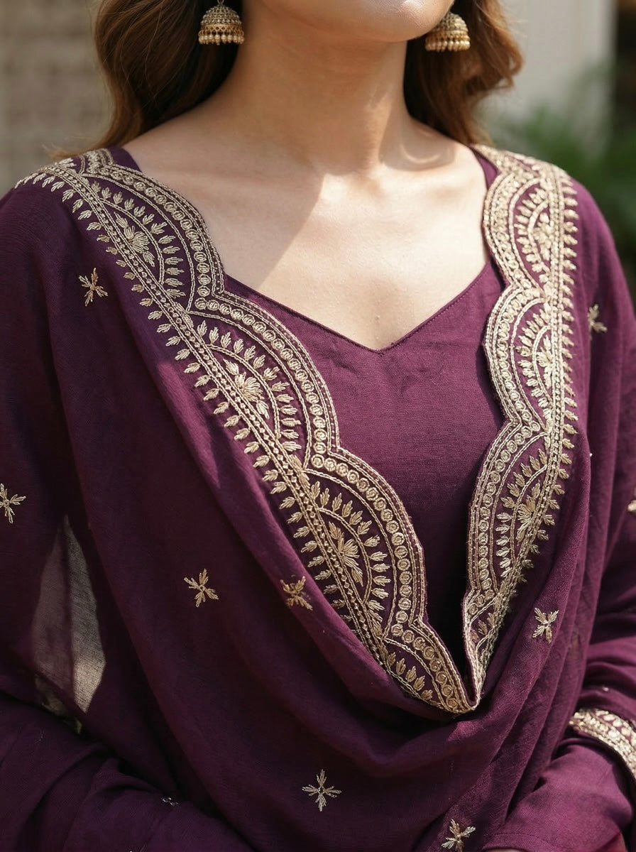 Classic Maroon Chanderi Silk Kurta Set with Embroidered Dupatta | Wedding & Festive Wear for Women