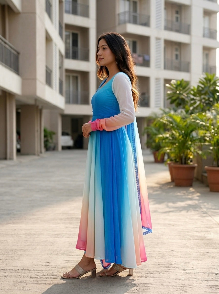 Off White Ombre Anarkali Kurta Set with Multicolor Dupatta | Party Wear 3 Piece Set for Women