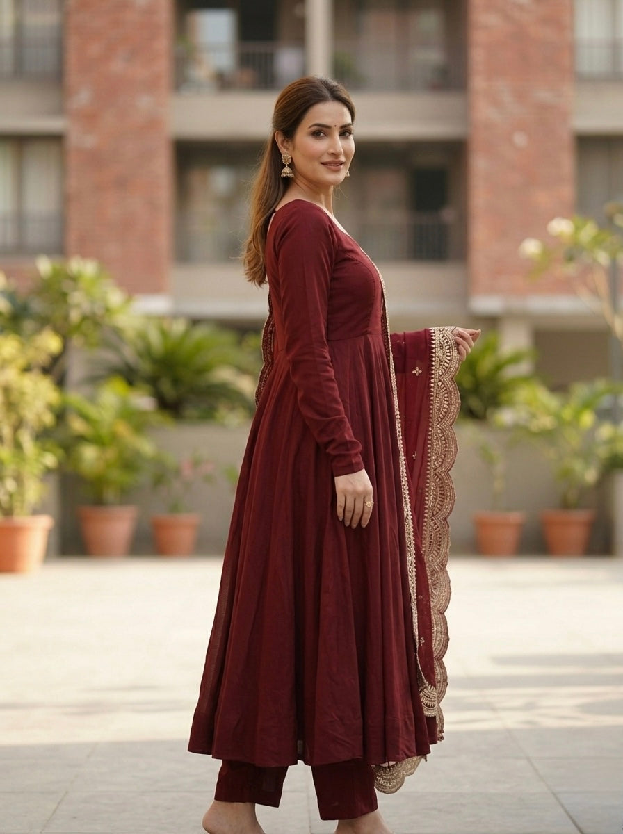 Classic Maroon Chanderi Silk Kurta Set with Embroidered Dupatta | Wedding & Festive Wear for Women