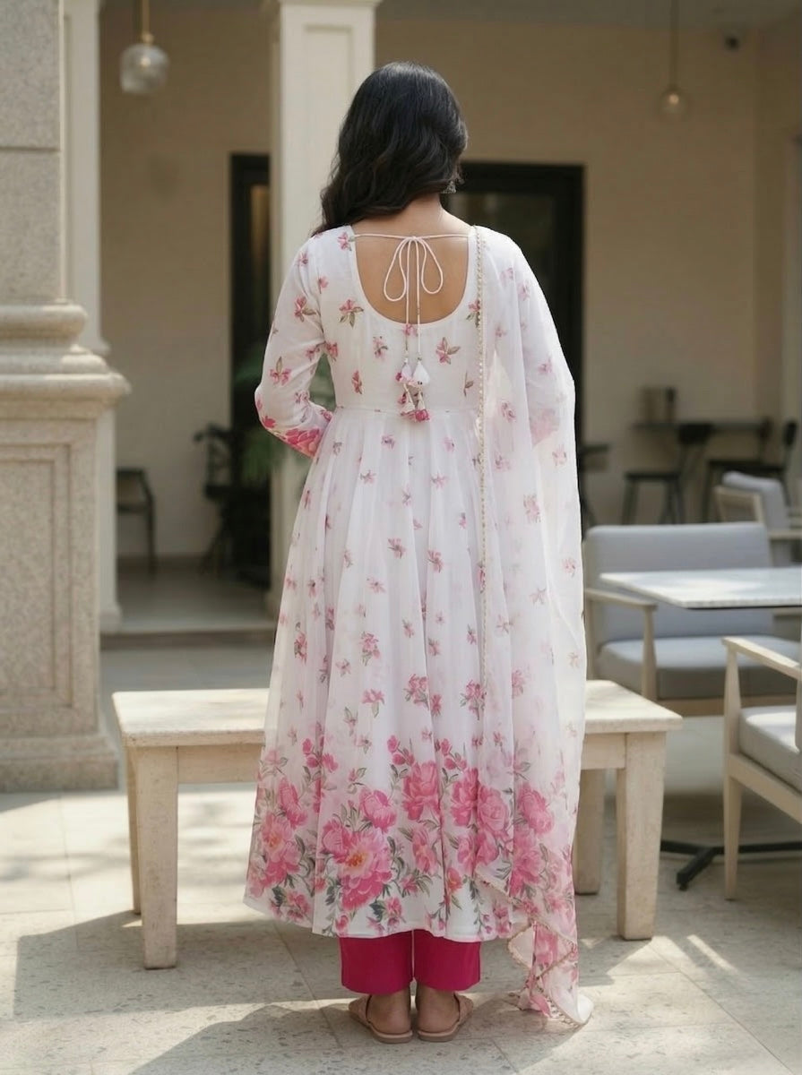 White Floral Printed Organza Silk Anarkali Kurta Set with Dupatta | Elegant 3 Piece Ethnic Set for Women