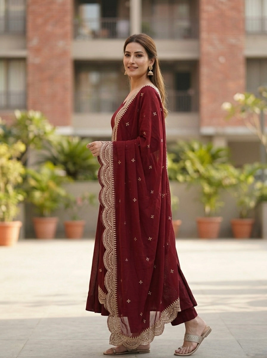 Classic Maroon Chanderi Silk Kurta Set with Embroidered Dupatta | Wedding & Festive Wear for Women
