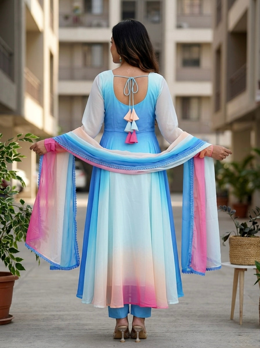 Off White Ombre Anarkali Kurta Set with Multicolor Dupatta | Party Wear 3 Piece Set for Women