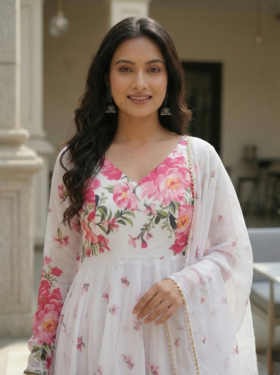 White Floral Printed Organza Silk Anarkali Kurta Set with Dupatta | Elegant 3 Piece Ethnic Set for Women