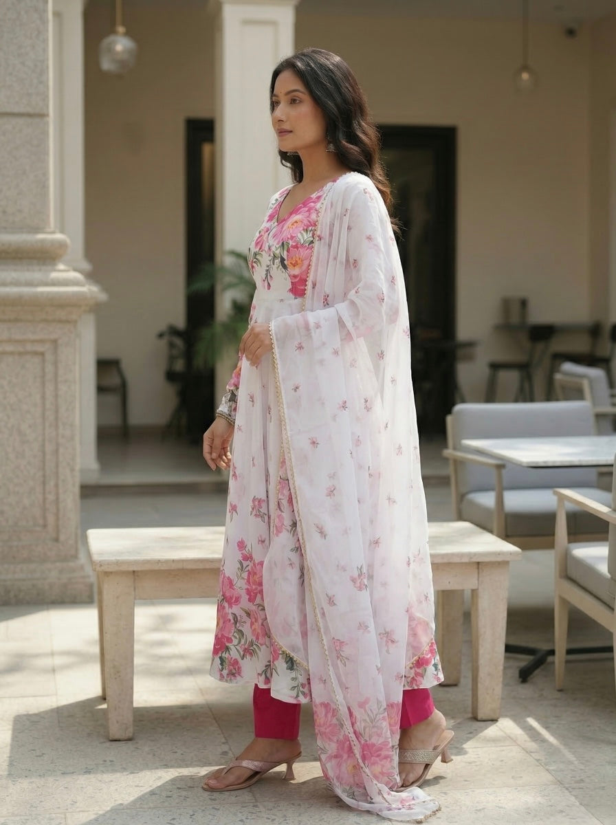 White Floral Printed Organza Silk Anarkali Kurta Set with Dupatta | Elegant 3 Piece Ethnic Set for Women