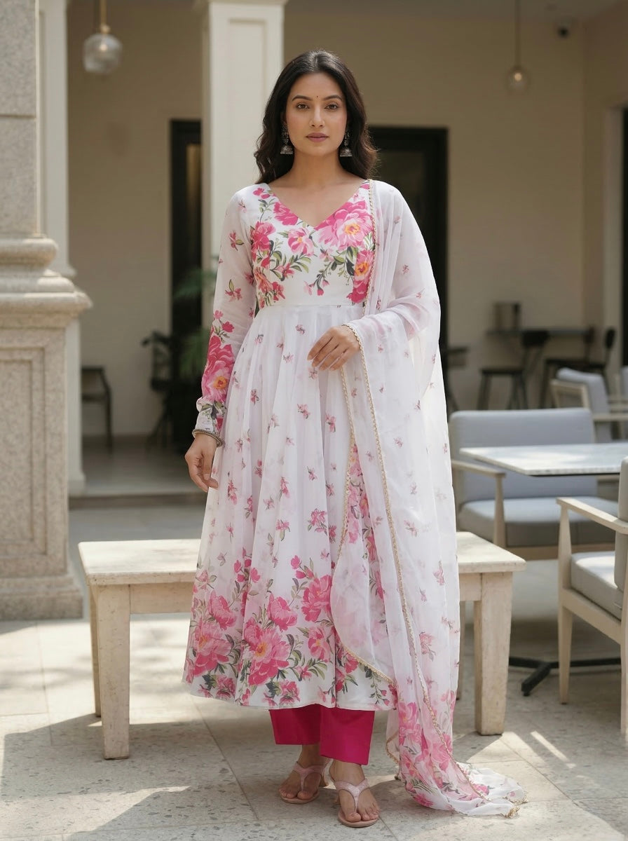 White Floral Printed Organza Silk Anarkali Kurta Set with Dupatta | Elegant 3 Piece Ethnic Set for Women