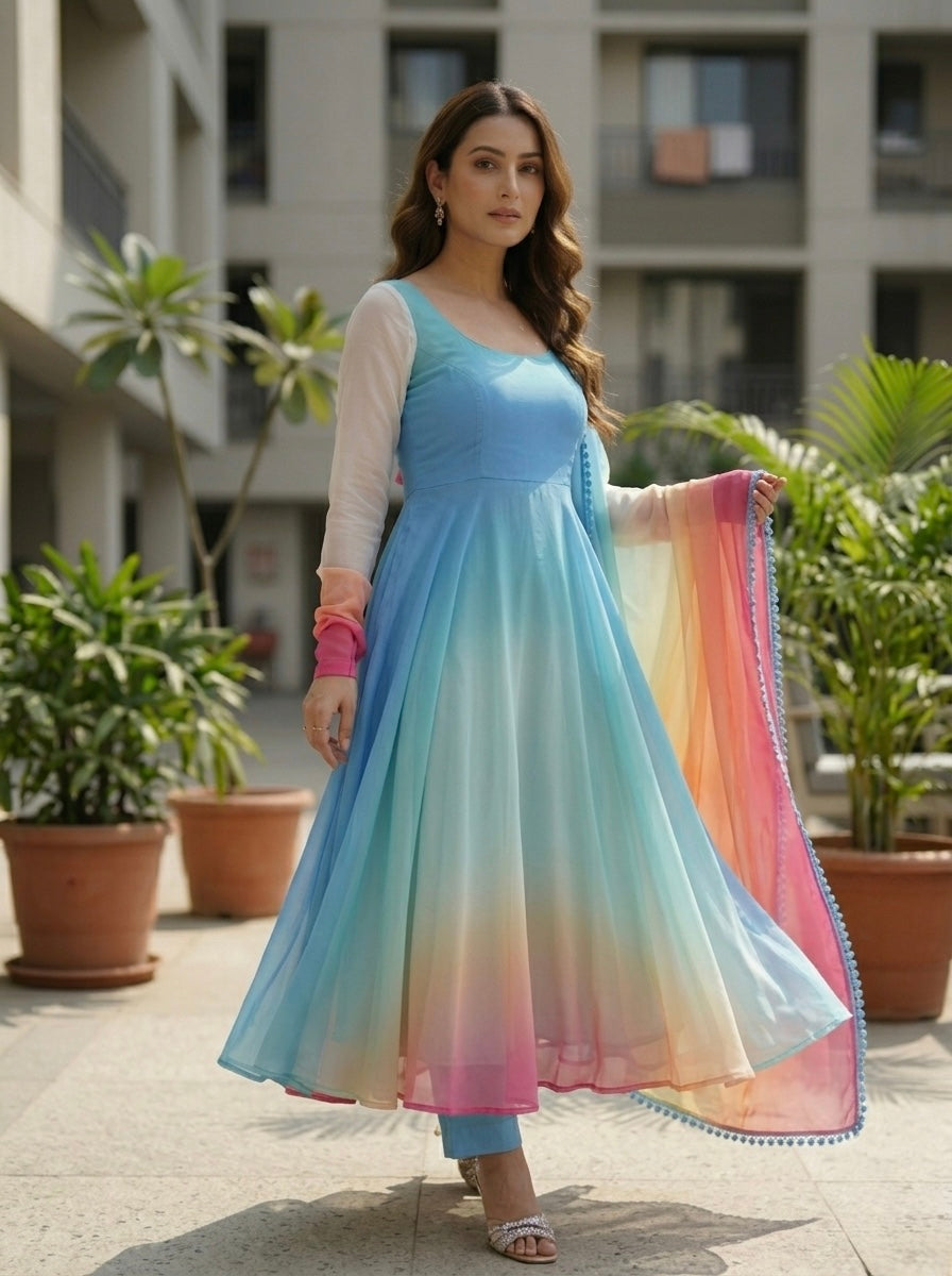 Off White Ombre Anarkali Kurta Set with Multicolor Dupatta | Party Wear 3 Piece Set for Women