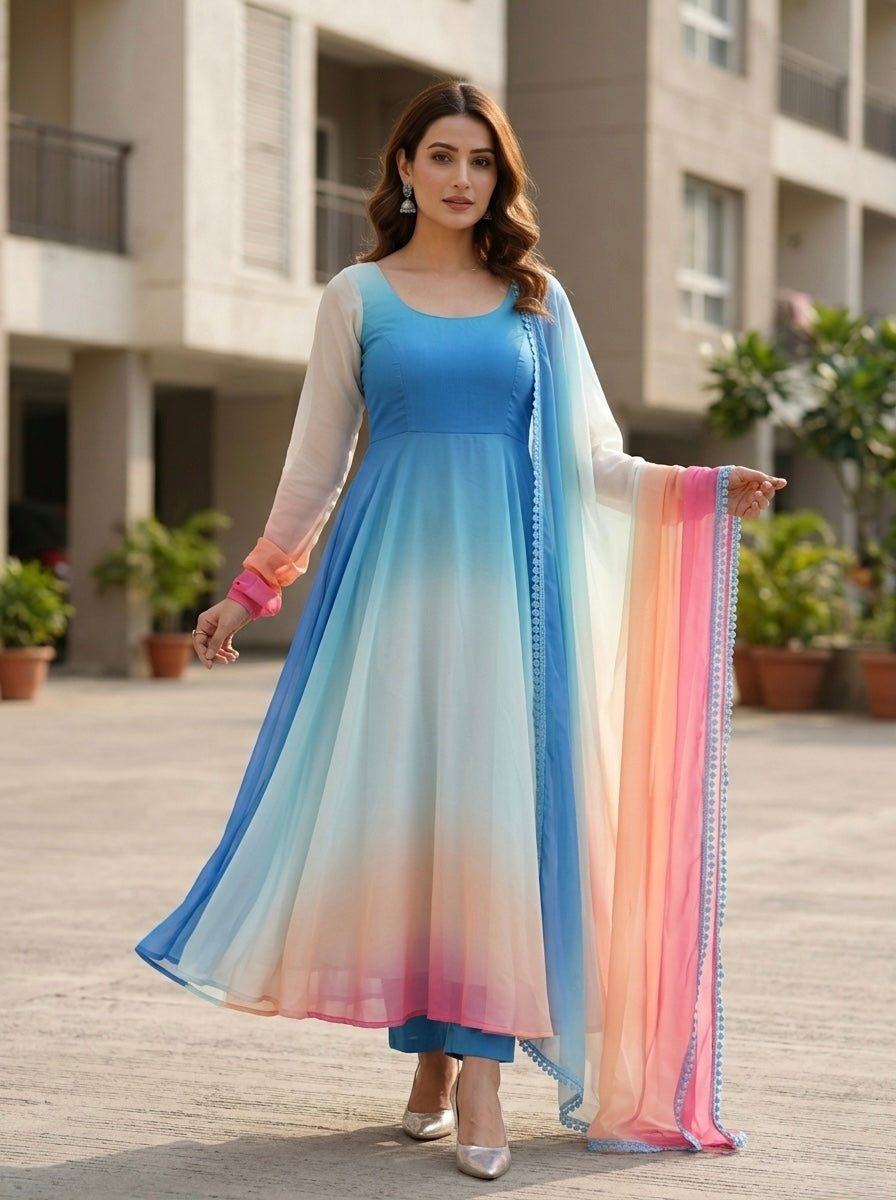 Off White Ombre Anarkali Kurta Set with Multicolor Dupatta | Party Wear 3 Piece Set for Women