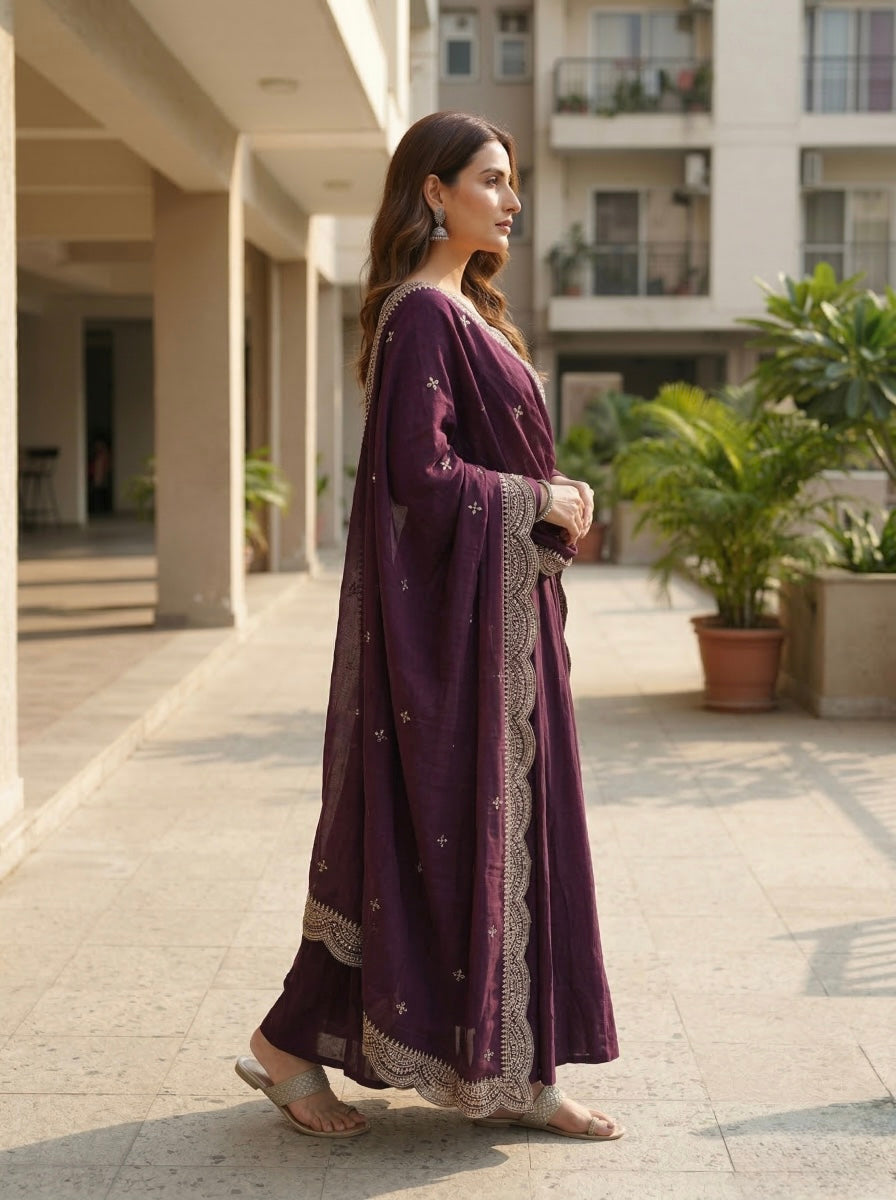 Classic Maroon Chanderi Silk Kurta Set with Embroidered Dupatta | Wedding & Festive Wear for Women