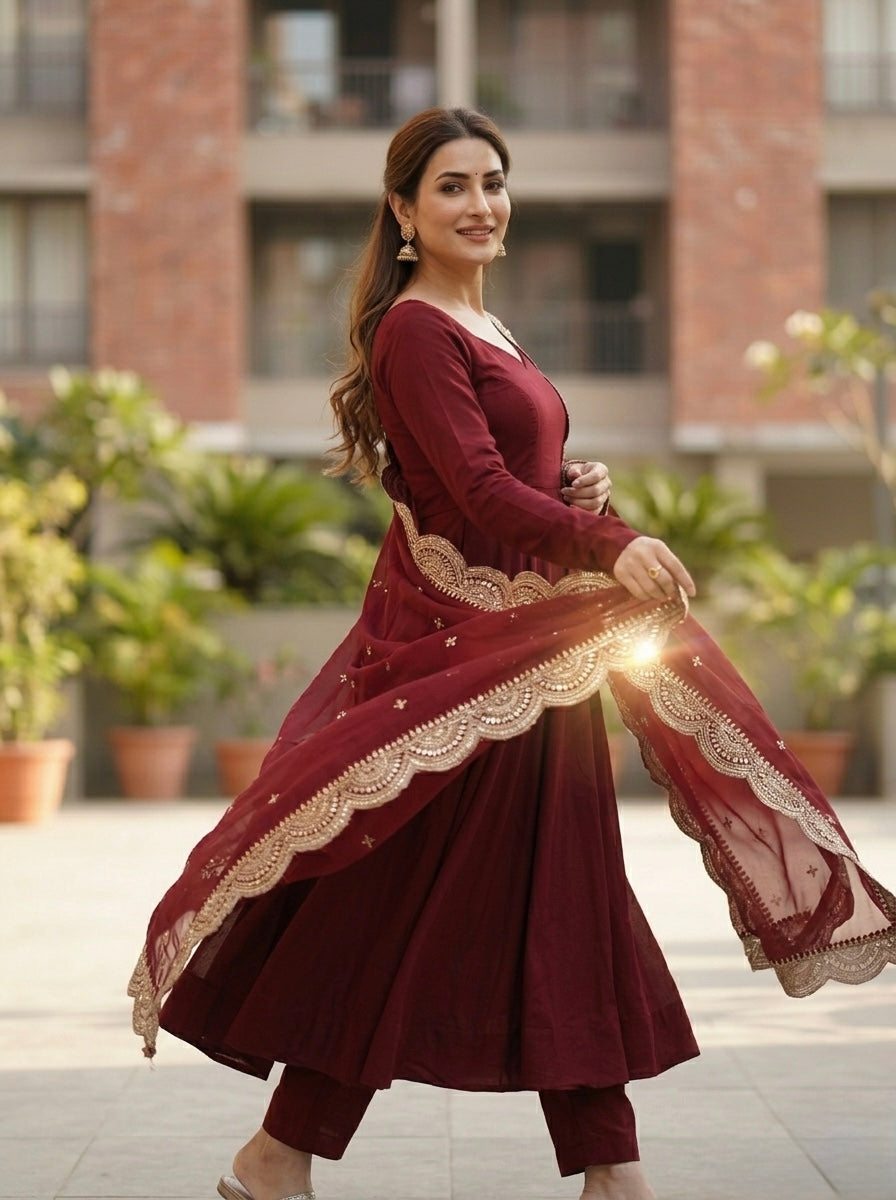 Classic Maroon Chanderi Silk Kurta Set with Embroidered Dupatta | Wedding & Festive Wear for Women