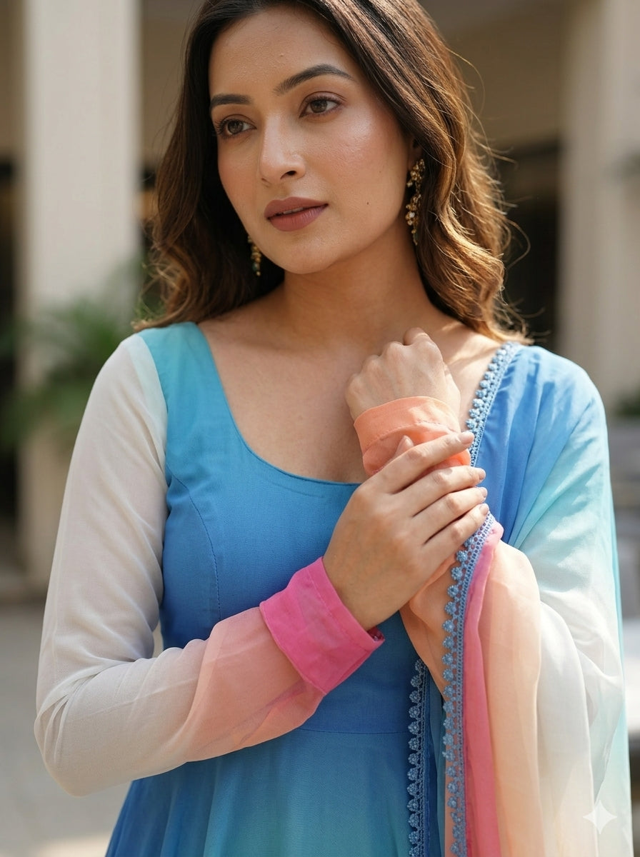 Off White Ombre Anarkali Kurta Set with Multicolor Dupatta | Party Wear 3 Piece Set for Women