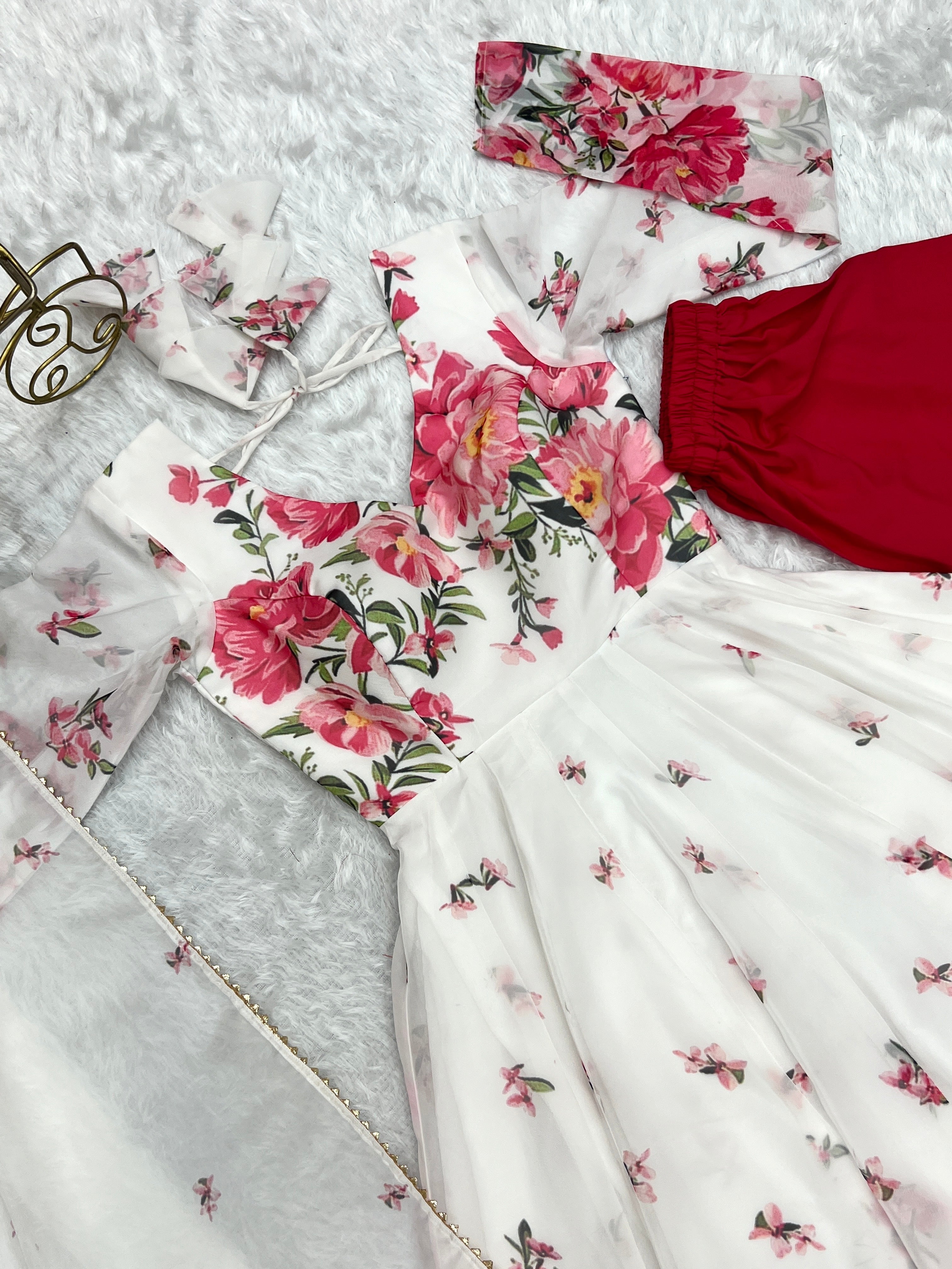 White Floral Printed Organza Silk Anarkali Kurta Set with Dupatta | Elegant 3 Piece Ethnic Set for Women