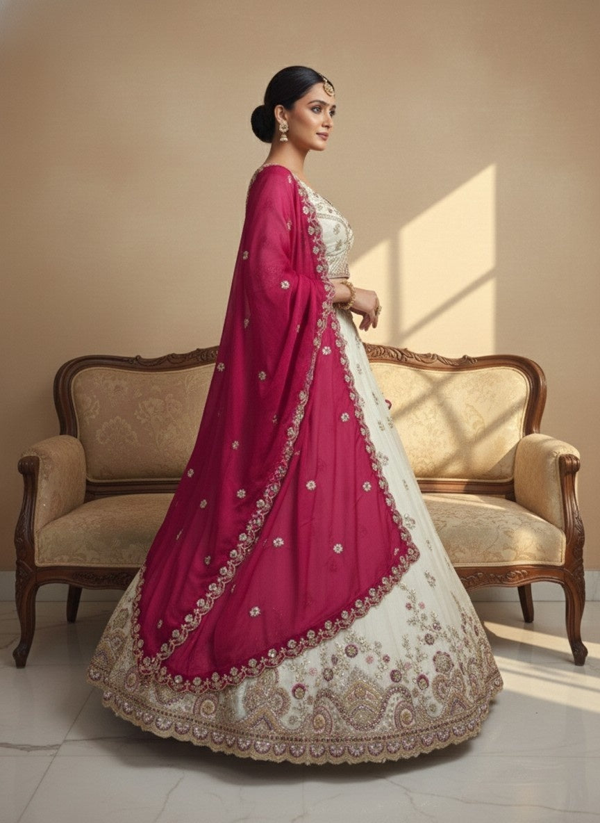 Ivory Viscose Tissue Lehenga with Mustard Fendi Dupatta – Fully Stitched Designer Festive Wear
