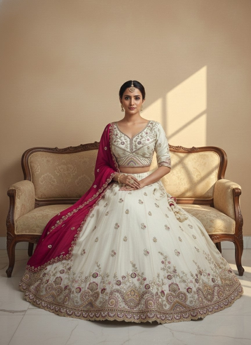 Ivory Viscose Tissue Lehenga with Pista Green Fendi Dupatta – Fully Stitched Designer Festive Wear
