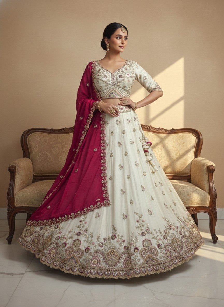 Ivory Viscose Tissue Lehenga with Mustard Fendi Dupatta – Fully Stitched Designer Festive Wear