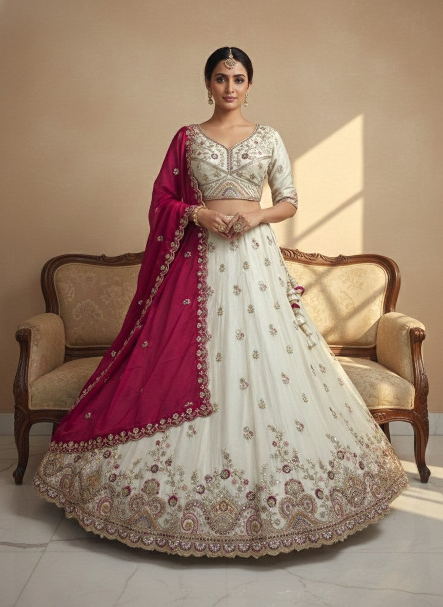 Ivory Viscose Tissue Lehenga with Mustard Fendi Dupatta – Fully Stitched Designer Festive Wear
