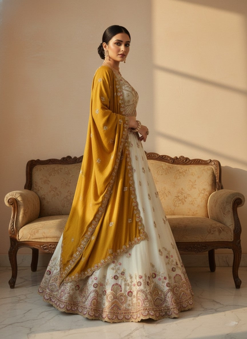 Ivory Viscose Tissue Lehenga with Rani Pink Fendi Dupatta – Fully Stitched Designer Wedding & Festive Wear