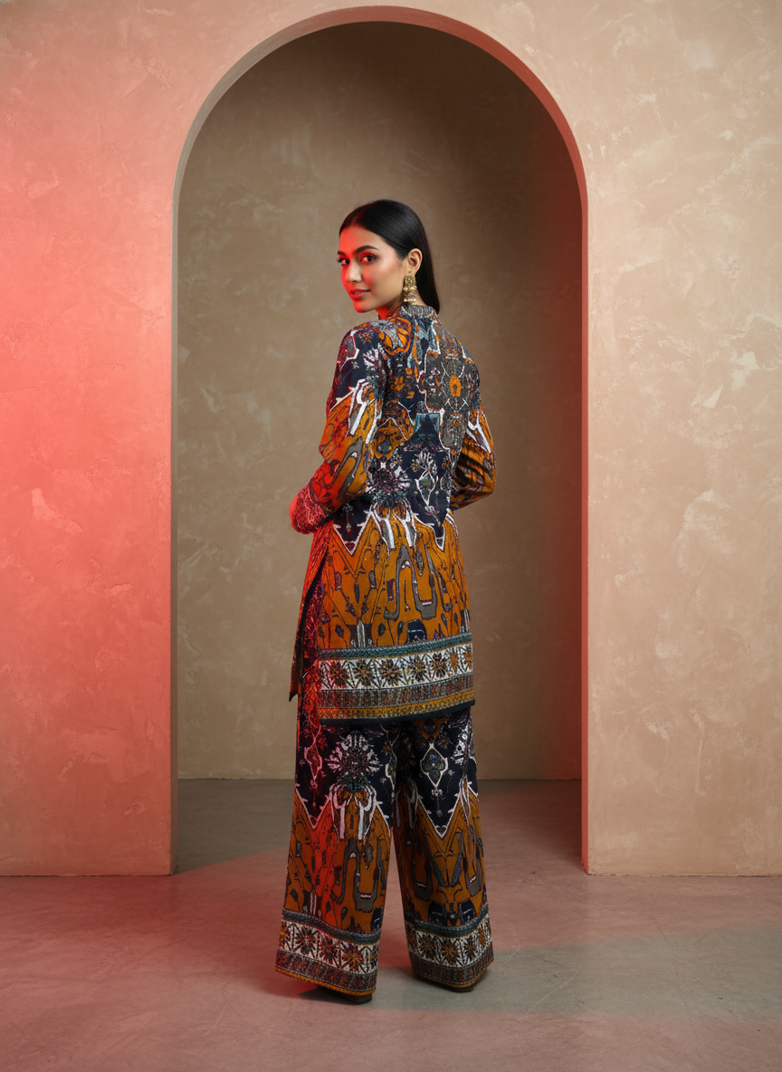 Woman in a colorful patterned outfit standing in an archway with a pink and beige background