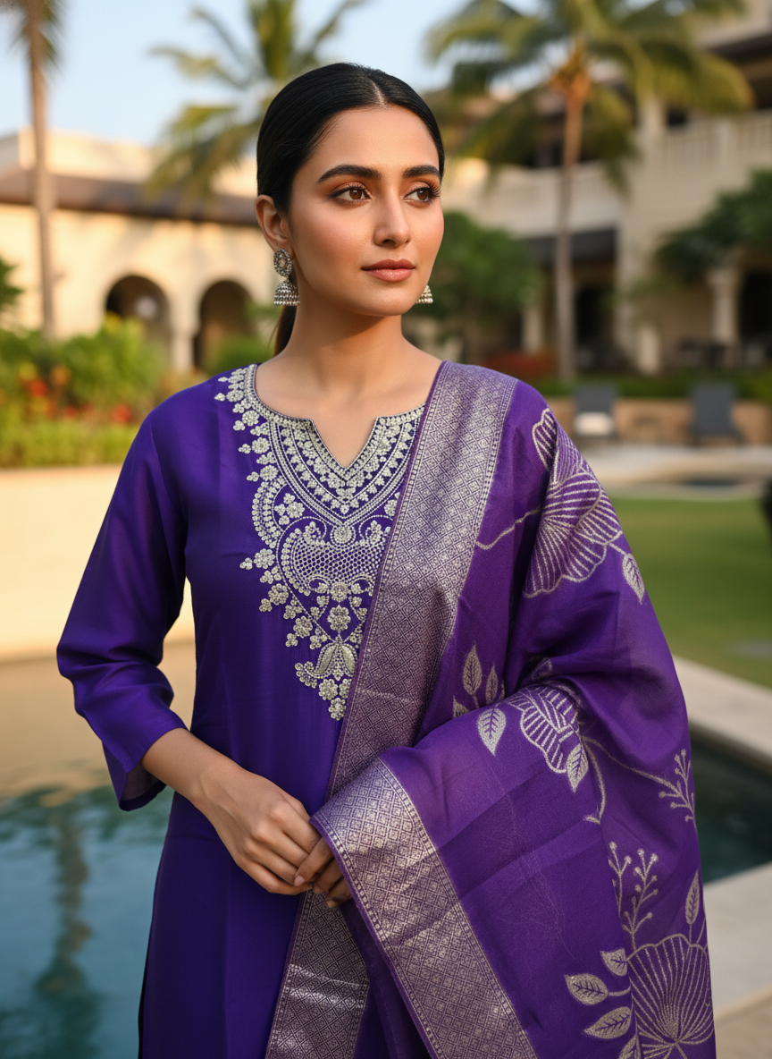 Woman in a purple traditional outfit with silver embroidery standing by a poolside.