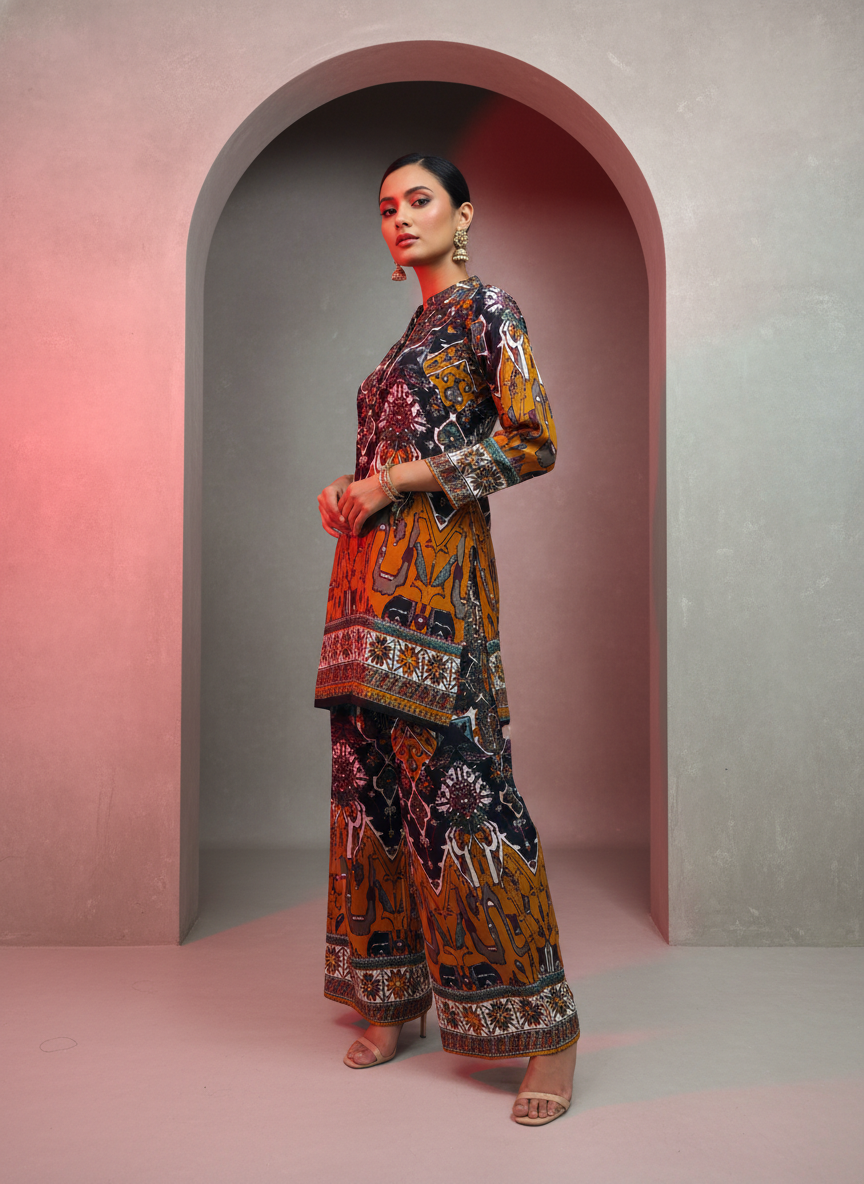 Woman wearing a colorful patterned outfit standing in an archway with a pink and gray background.