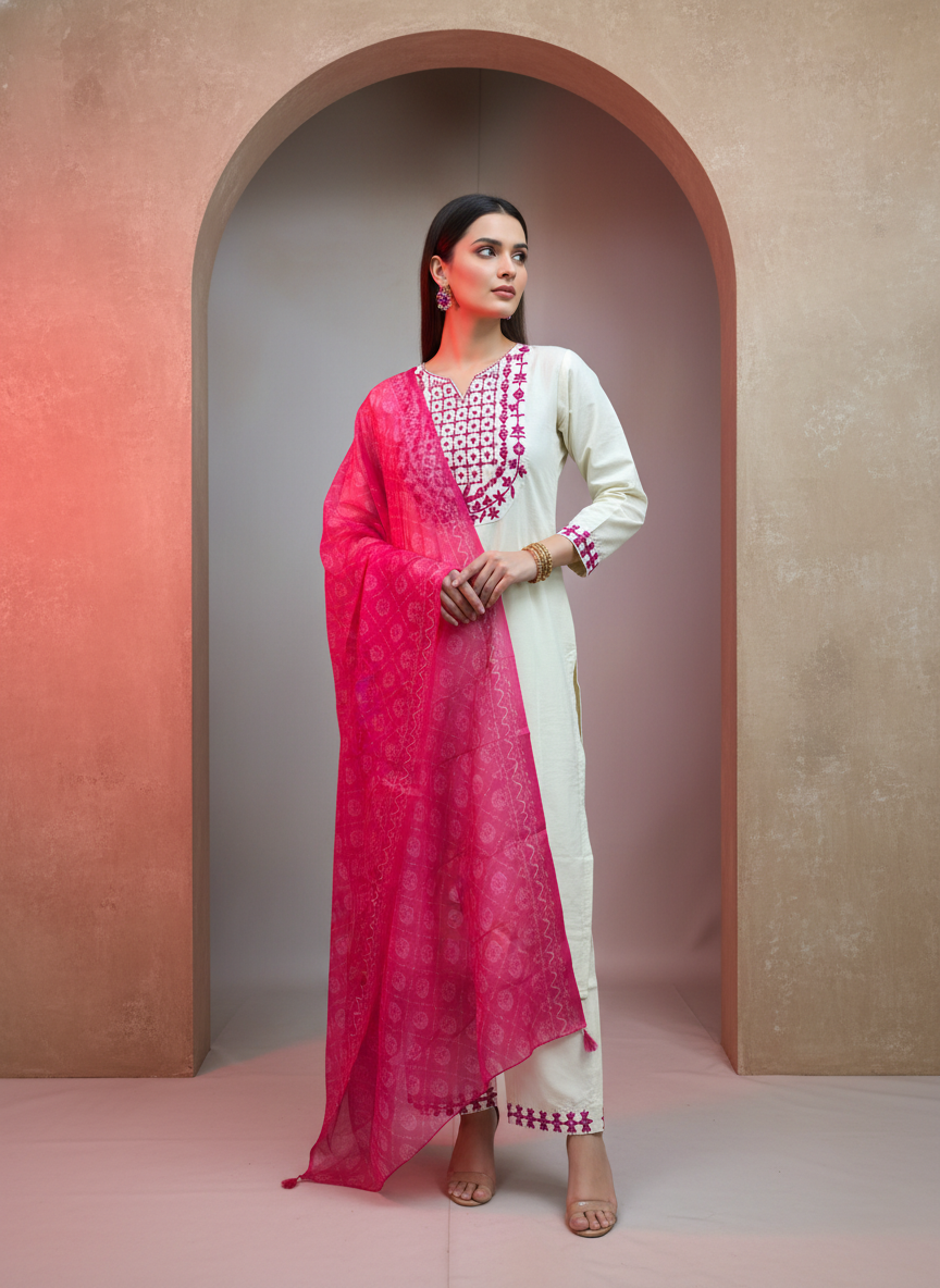 Off-White & Pink Ethnic Motif Embroidered Straight Kurta Set with Trousers and Dupatta – Cotton Blend Festive & Daily Wear Suit