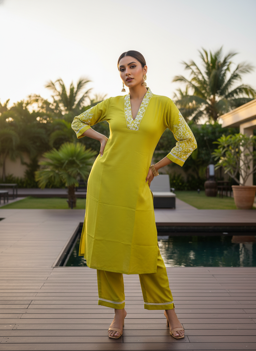Woman in a yellow outfit standing by a pool with greenery in the background