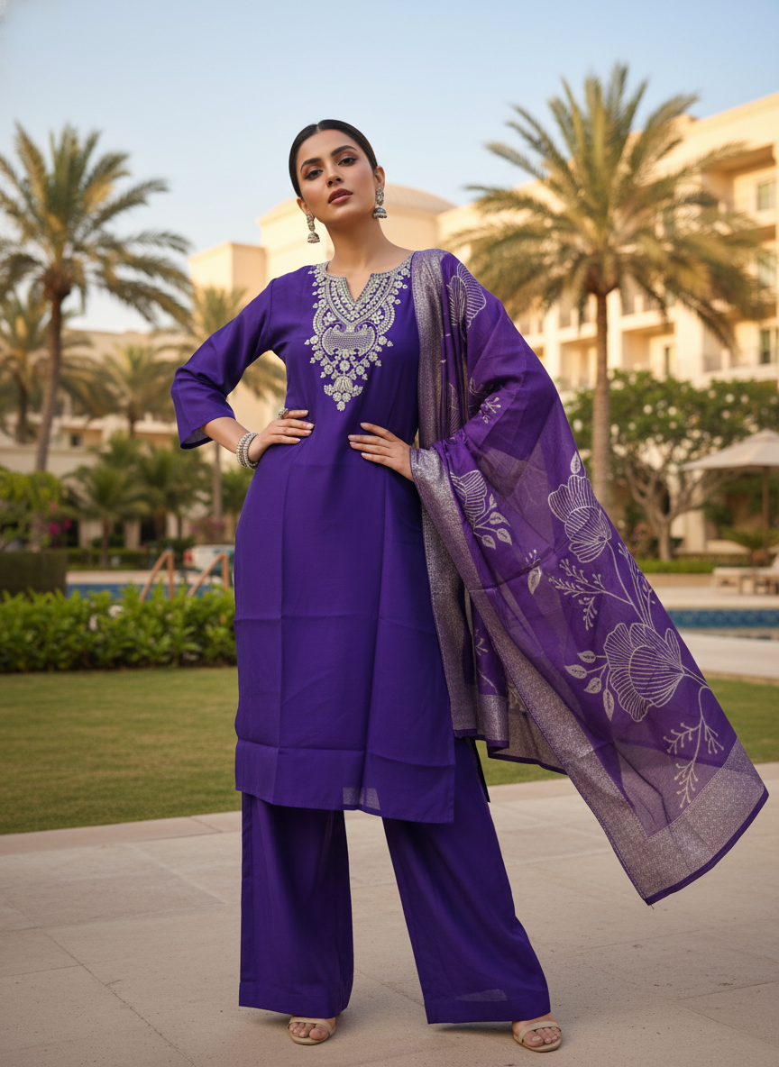 Woman in a purple traditional outfit with a matching dupatta standing outdoors.