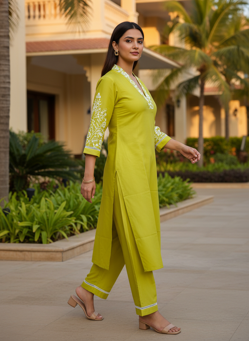 Woman in a bright yellow traditional outfit walking outdoors with greenery and a building in the background