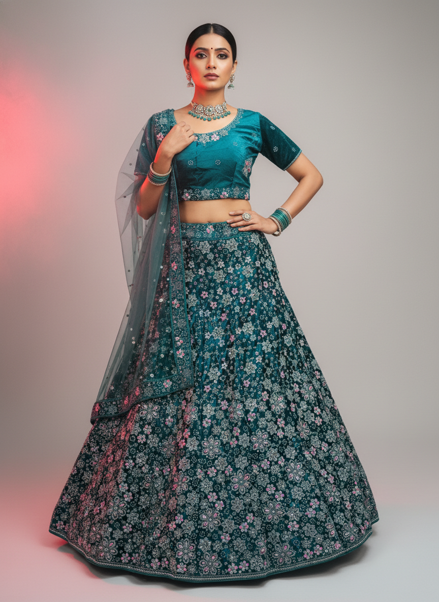 Teal wine Velvet Lehenga Choli with Floral Embroidery & Net Dupatta