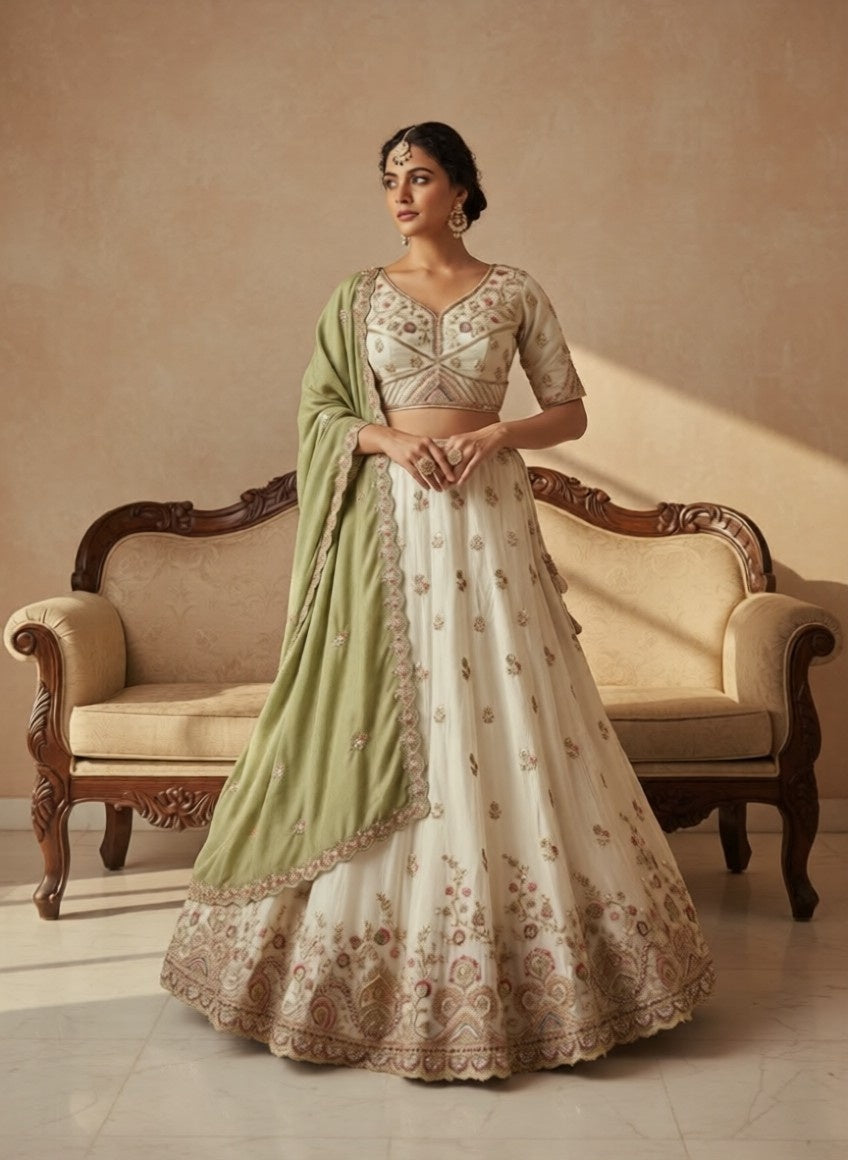 Ivory Viscose Tissue Lehenga with Mustard Fendi Dupatta – Fully Stitched Designer Festive Wear